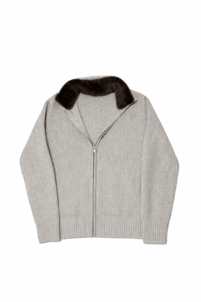 Ventisette Fur Zip in Grau – Strickjacke mit abnehmbarem Kragenbesatz