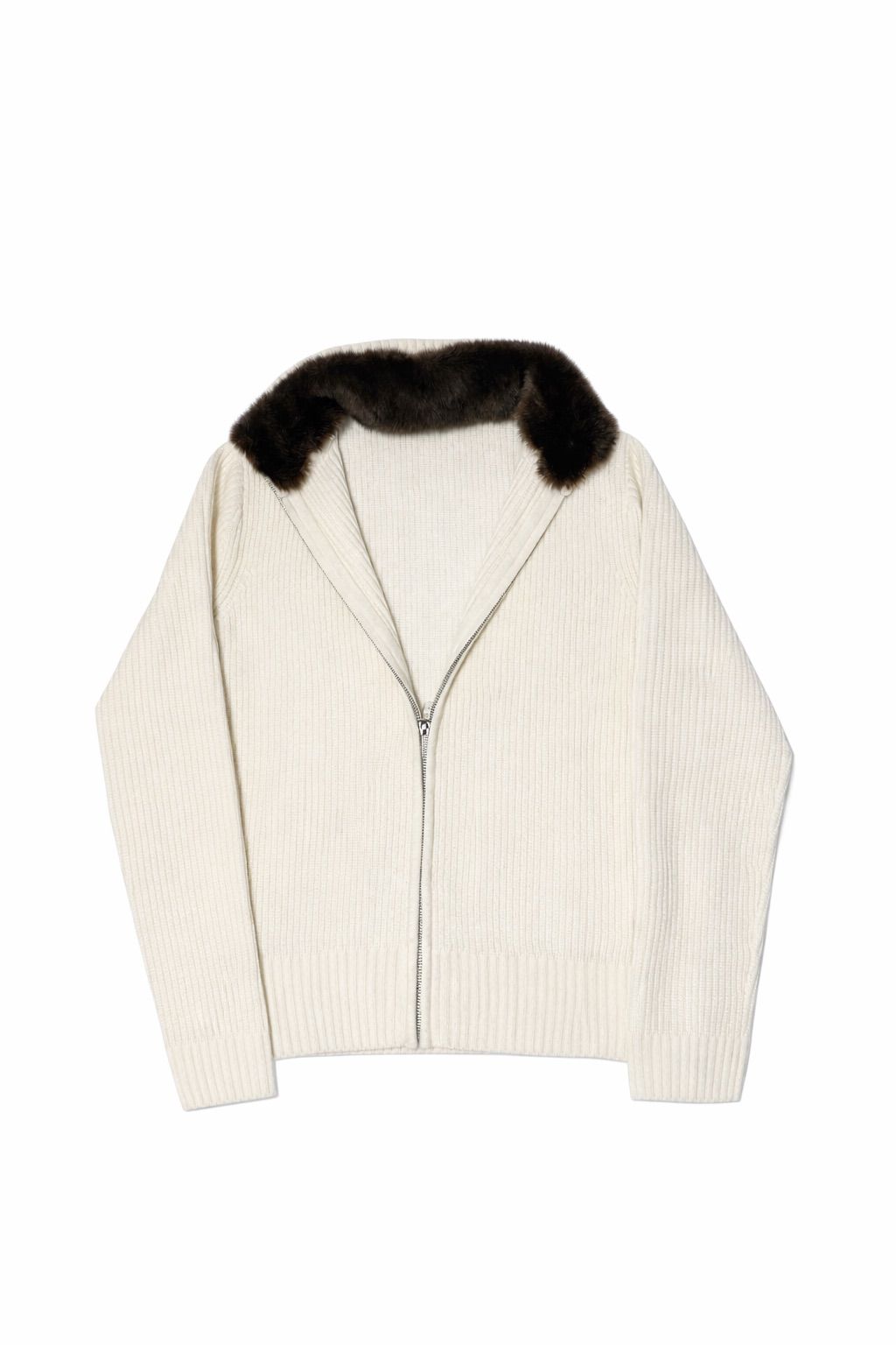 Ventisette Fur Zip in Beige – Strickjacke mit abnehmbarem Kragenbesatz