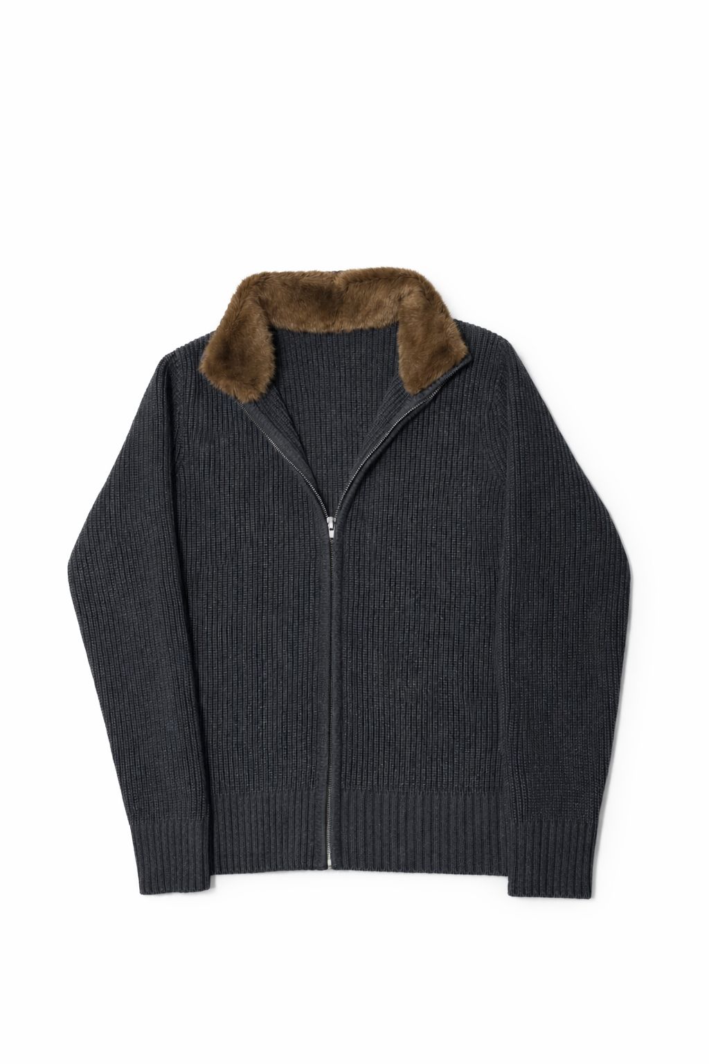 Ventisette Fur Zip in Dunkelgrau – Strickjacke mit abnehmbarem Kragenbesatz