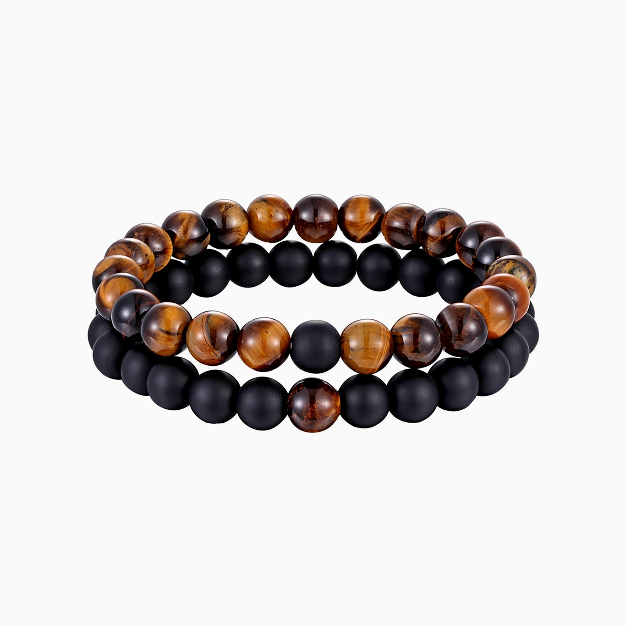 Coppia Bracelet Set in Goldbraun–Schwarz – zwei Perlenarmbänder mit 8-mm-Perlen auf hellem Hintergrund